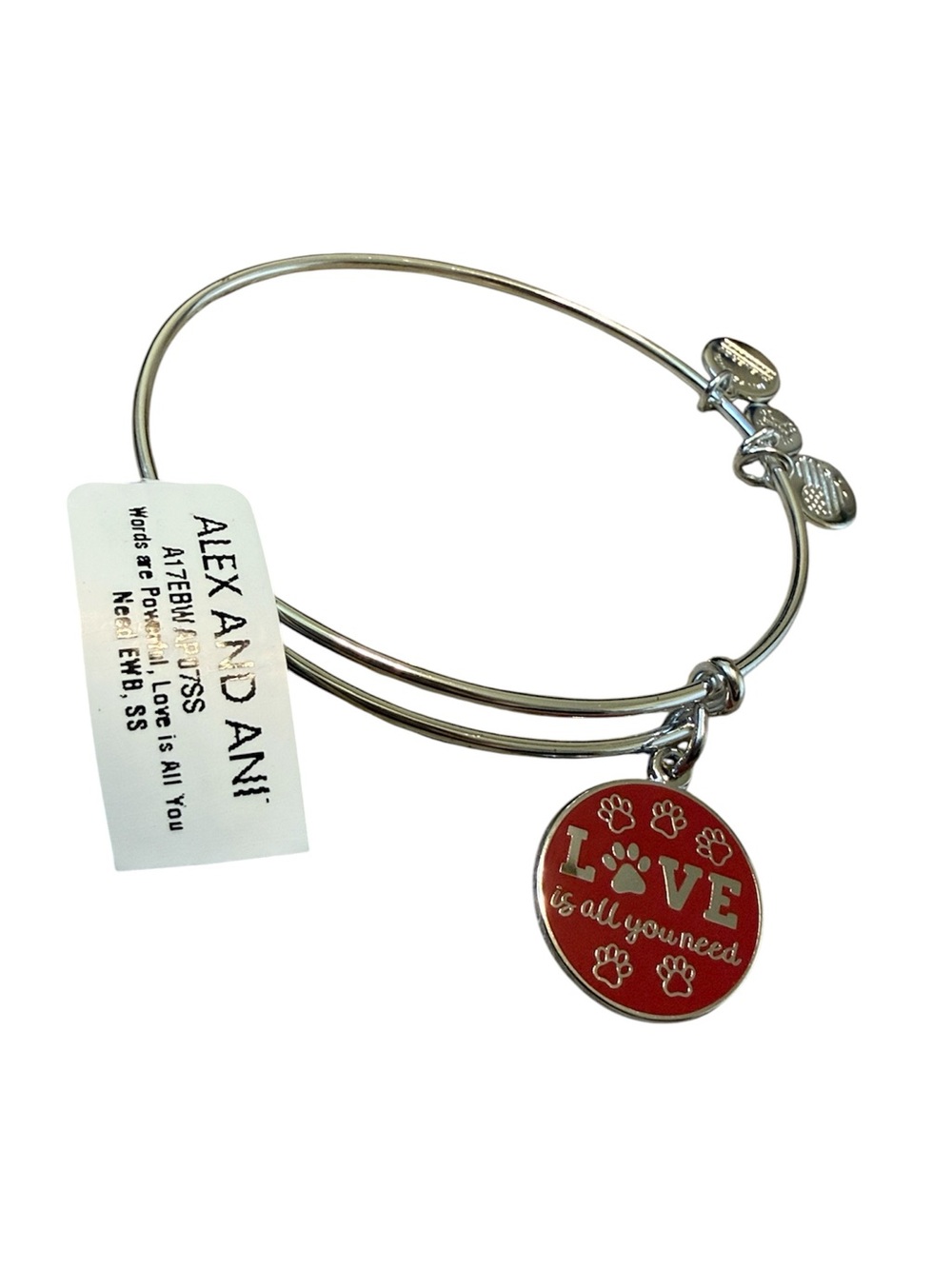 NWT Alex and Ani Bangle Bracelet Dog Love is All You Need Charm Red Silver